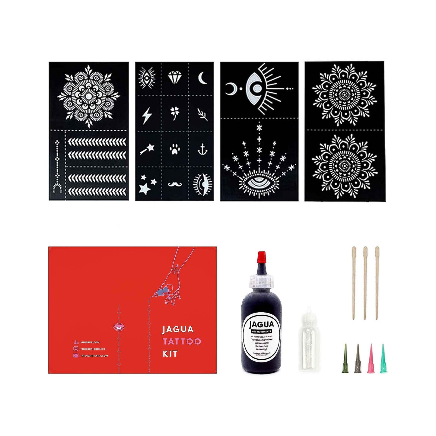 The Jagua kit comprises a Black Jagua gel bottle, a white applicator bottle with multi-color tips, stencils & others.