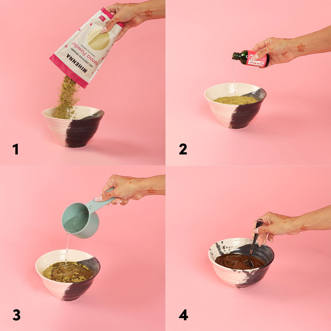 A four-step sequence of preparing henna paste in a bowl.