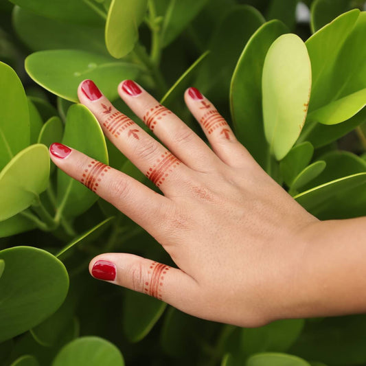 Wren - Ring henna tattoos on fingers with green leaf background