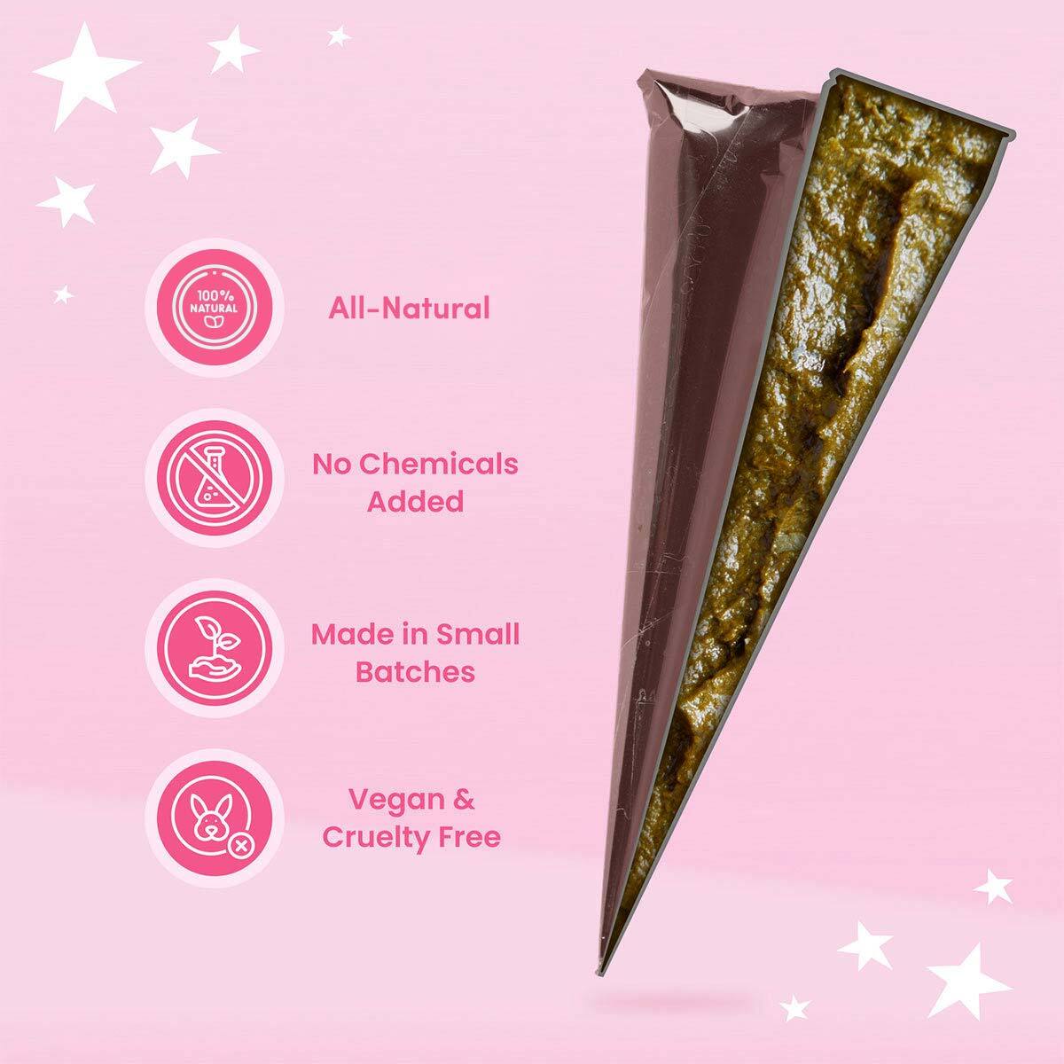 A henna paste-filled cone With Icons Representing ‘Organic Henna Paste,’ ‘No Chemicals Added,’ ‘Made in Small Batches,’ and ‘Vegan & Cruelty-Free.