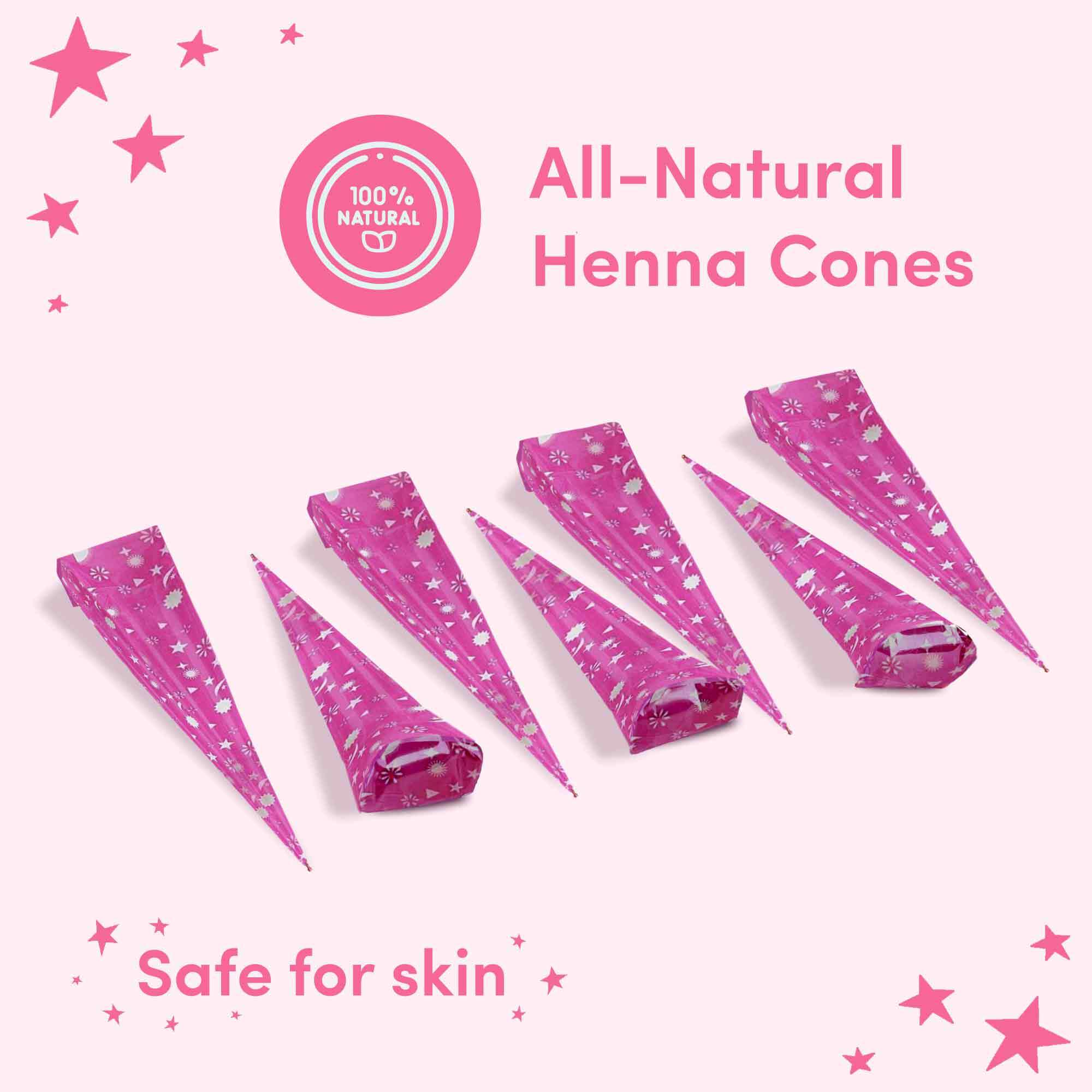 Five pink henna cones decorated with stars and moons. The image highlights Mihenna’s product benefits with the text 