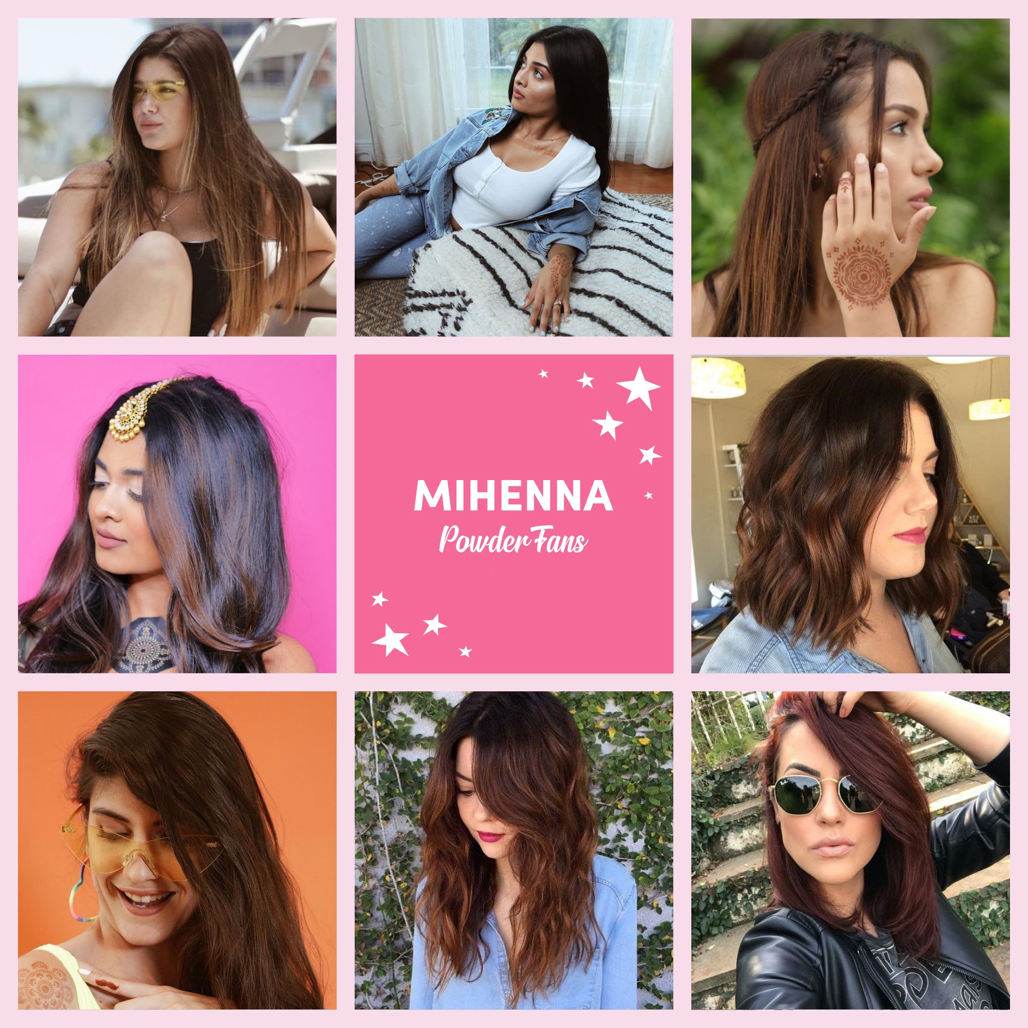 Image text: Mihenna powder fans. Image description: collage of young women showing off henna-dyed hair.