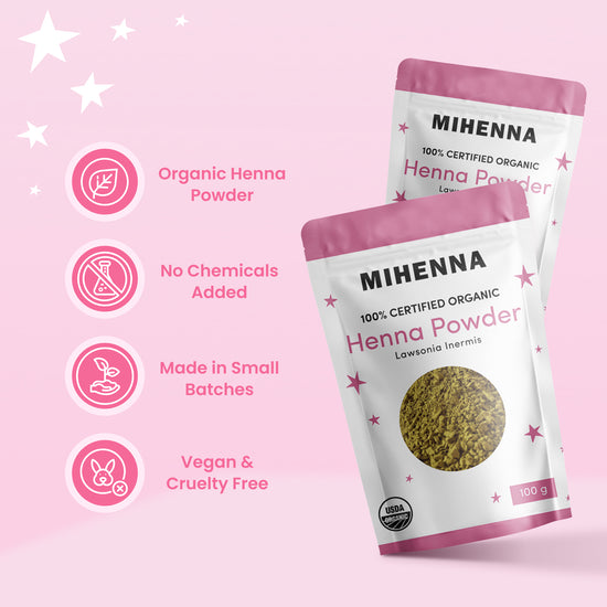 Image Text: Organic henna powder. No chemicals added. Made in small batches. Vegan & cruelty free.