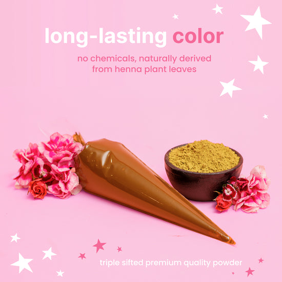 Image text: long-last color. no chemicals, naturally derived from henna plant leaves.