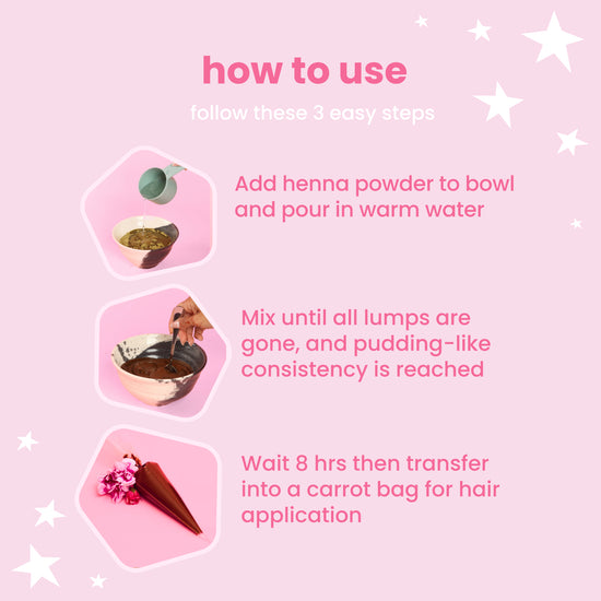 Image text: How to use. Follow these 3 easy steps. Add henna powder to bowl and pour in warm water. Mix until all lumps are gone and pudding-like consistency is reached. Wait 8 hours then transfer into a carrot bag for hair application.