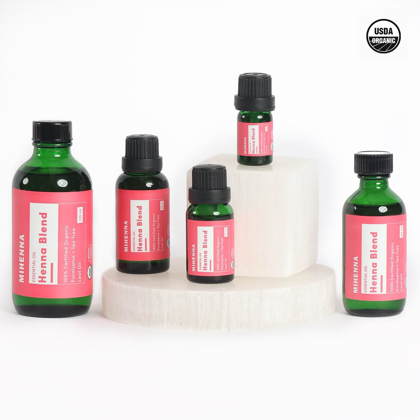 Mihenna's USDA Certified Organic Henna Blend Oil Bottles in different sizes