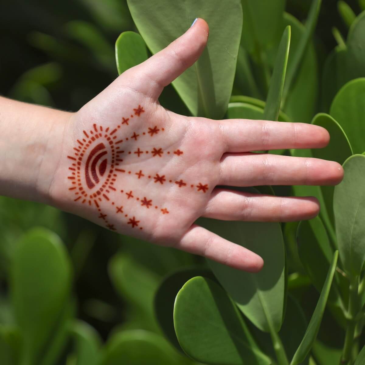 Starry Eyes - palm henna tattoo of eye surrounded by stars 